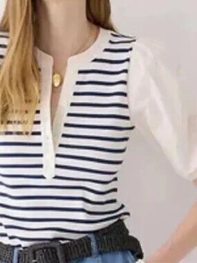 J. Crew Vintage Rib Puff-Sleeve Henley, Navy/White Stripes - Womens Small